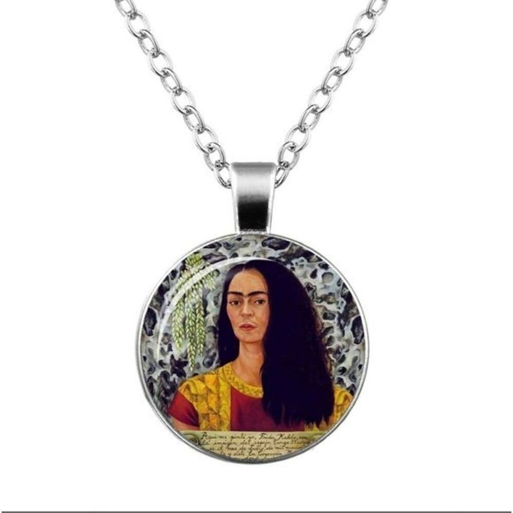 Pendant Necklace By Frida Kahlo Art Self Portrait with Loose Hair, Silver-Tone